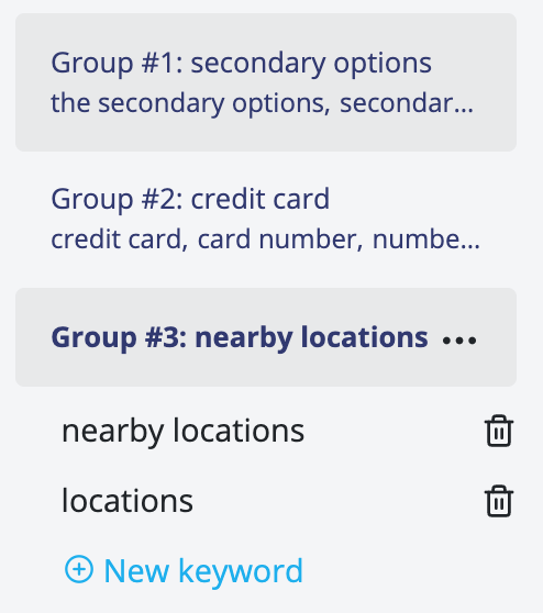 An example of the keywords found by the topic modelling algorithm in a sample UX project. The first topic is about 'secondary options', the second is about 'credit cards', and the third 'nearby locations'.