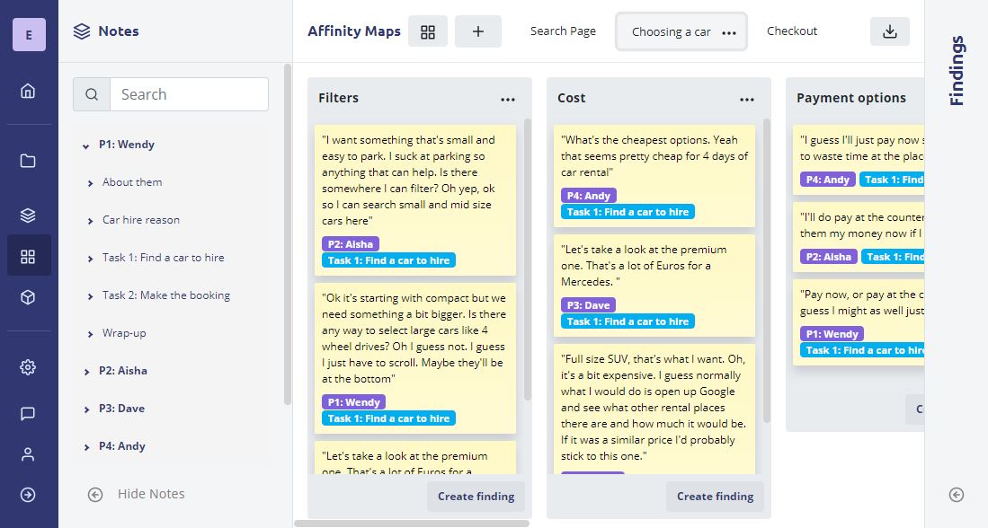 Screenshot of affinity mapping by task in the Evolve Research app