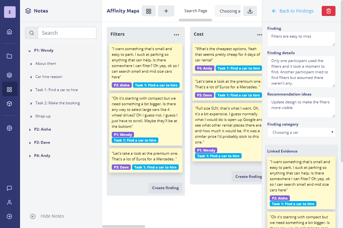 Screenshot of finding research insights from an affinity map with the Evolve Research app